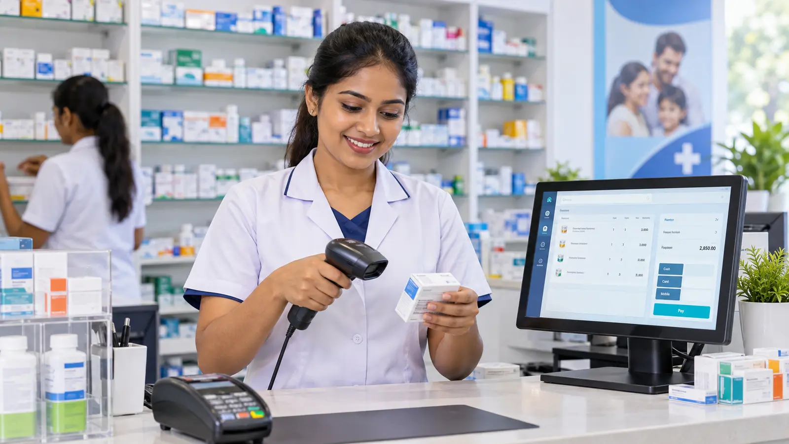 Pharmacy team member using a barcode reader beside the POS screen